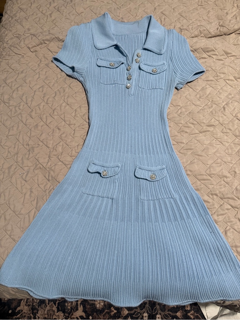 Rib Knit Polo Dress in Light Blue